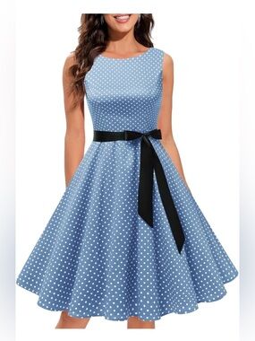 NWT Gardenwed Women's 1950's Style Sleeveless Dress Blue/White Polka Dot Small